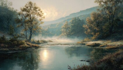 Misty morning landscape with a tranquil river