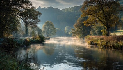 Fototapeta premium Misty river valley at dawn
