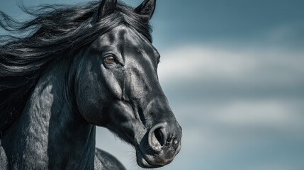 Fototapeta premium Majestic black horse with flowing mane standing against a dramatic sky at sunset in a tranquil outdoor setting