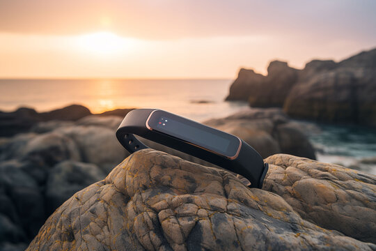 A black wearable smartwatch sits on a granite countertop.