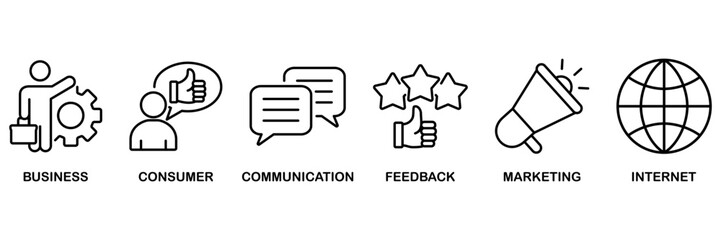 B2C icon set vector illustration concept for business to consumer concept of marketing with communications, feedback, marketing, and internet icon
