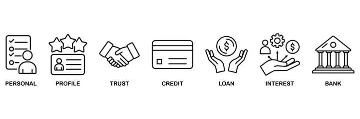 Microcredit icon set vector illustration concept for personal, profile, trust, credit, loan, interest and bank