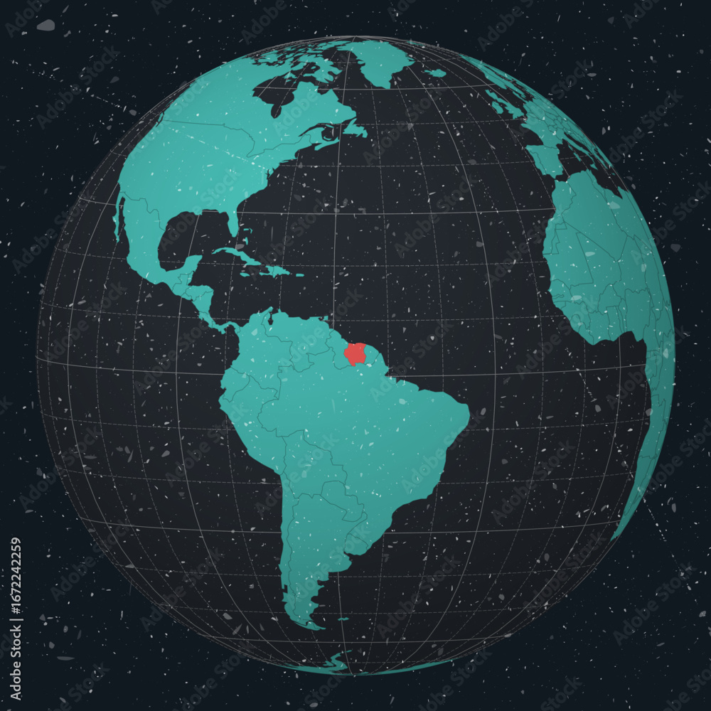 Poster suriname on globe. vintage look with grunge scratched texture. country view on world map in dark cha