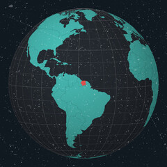 Naklejka premium Suriname on Globe. Vintage look with grunge scratched texture. Country view on world map in Dark Charcoal Turquoise color palette. Suriname shape on map. Globe with meridians and parallels.