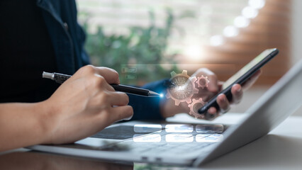 using an AI automation interface with gear icons. Artificial intelligence, machine learning, digital transformation, smart technology, and business innovation concept for future growth.