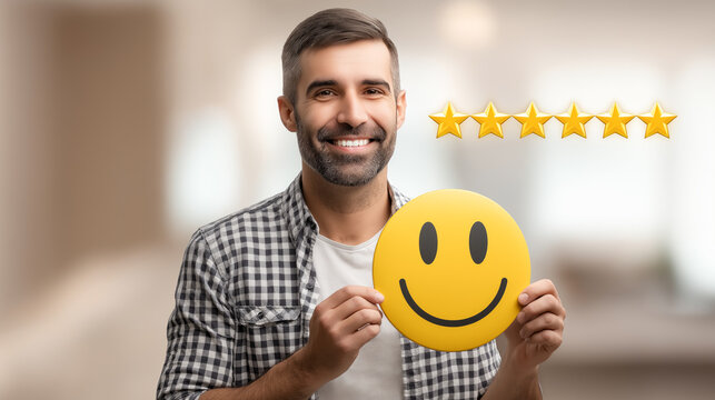 Smiling man with happy smiley face and five stars rating symbol. Concept of positive review, rating, quality of service and satisfied customer.