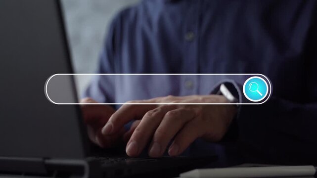 Close-up of male hands typing on laptop keyboard with digital search bar overlay, representing internet browsing, online research, data search, digital marketing, and modern web technology concept.