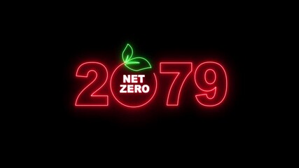 "Net Zero Emissions 2079 Neon Sign Animation, Climate Change, Carbon Neutral, Green Energy, Sustainable Development Concept on Transparent Background"