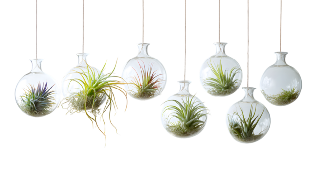 Air plants hanging in glass globes bring a vibrant modern touch to home decor and botanical arrangements isolated on white background
