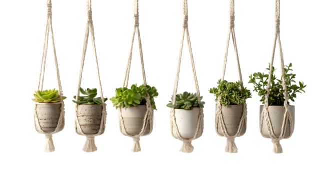 Stylish succulents hang in macrame planters to bring nature indoors with minimalist design isolated on white background