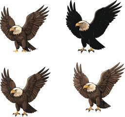 Powerful bald eagle with wings spread, majestic bird of prey illustration, flying eagle vector art, patriotic wildlife design, hunting raptor drawing
