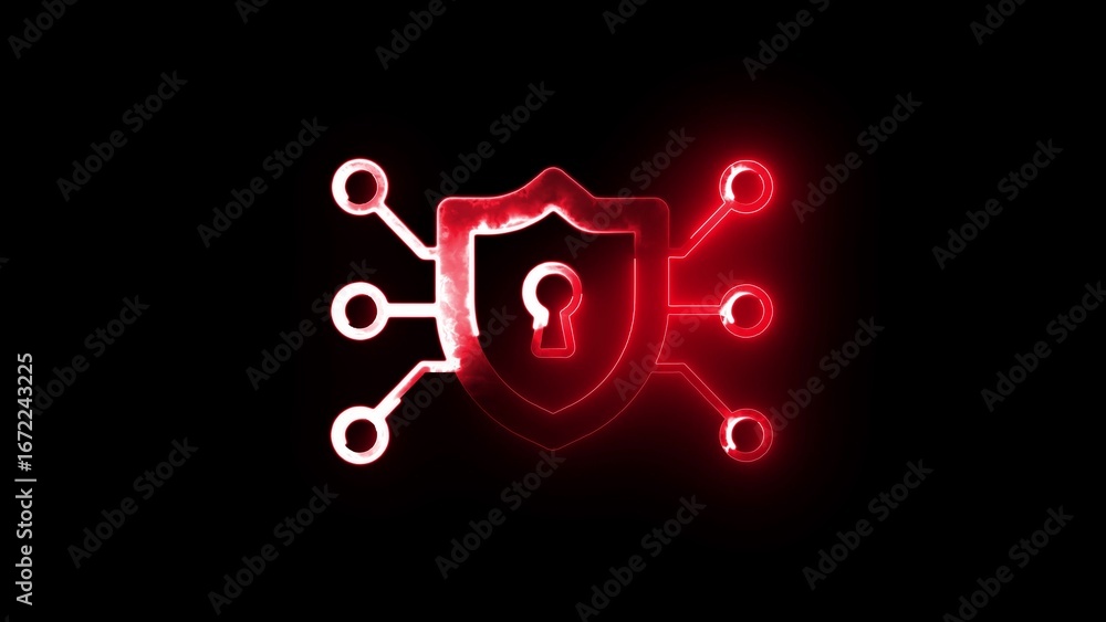 Poster fiery red shield with keyhole and network connections on black background padlock lock