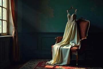 A mysterious, elegant dress hangs in a dimly lit room, draped artfully over an antique chair, hinting at a hidden story Intriguing shadows and textures add to the air of secrecy , hidden, fashion