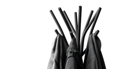 Modern coat rack with hanging jackets creates a minimalist, stylish interior design statement isolated on white background