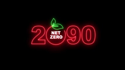  "Net Zero Emissions 2090 Neon Sign Animation, Climate Change, Carbon Neutral, Green Energy, Sustainable Development Concept on Transparent Background"