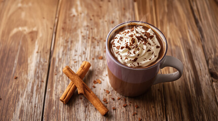"A steaming mug of hot chocolate topped with whipped cream and chocolate shavings..."