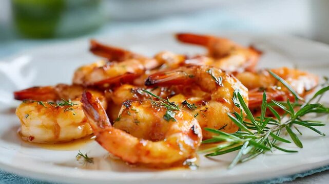 Ultra HD Delicious grilled shrimp with rosemary and garlic on a white plate, a perfect seafood dish for a gourmet meal or appetizer, fried prawn video, shrimp curry video