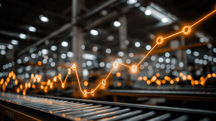 Ascending Line Chart at Industry Plant: Illustrating growth and progress against an industrial background, with a dynamic line chart overlayed on machinery, symbolizing advancement.