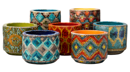 Stunning mosaic planters create vibrant home decor, adding artistic flair to any modern living space isolated on white background