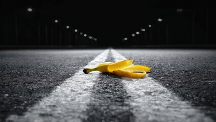 Obraz premium A discarded banana peel lies on a dark asphalt road at night