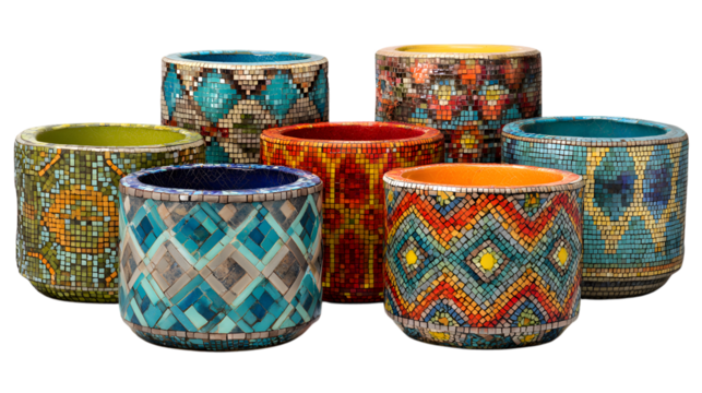 Stunning mosaic planters create vibrant home decor, adding artistic flair to any modern living space isolated on white background