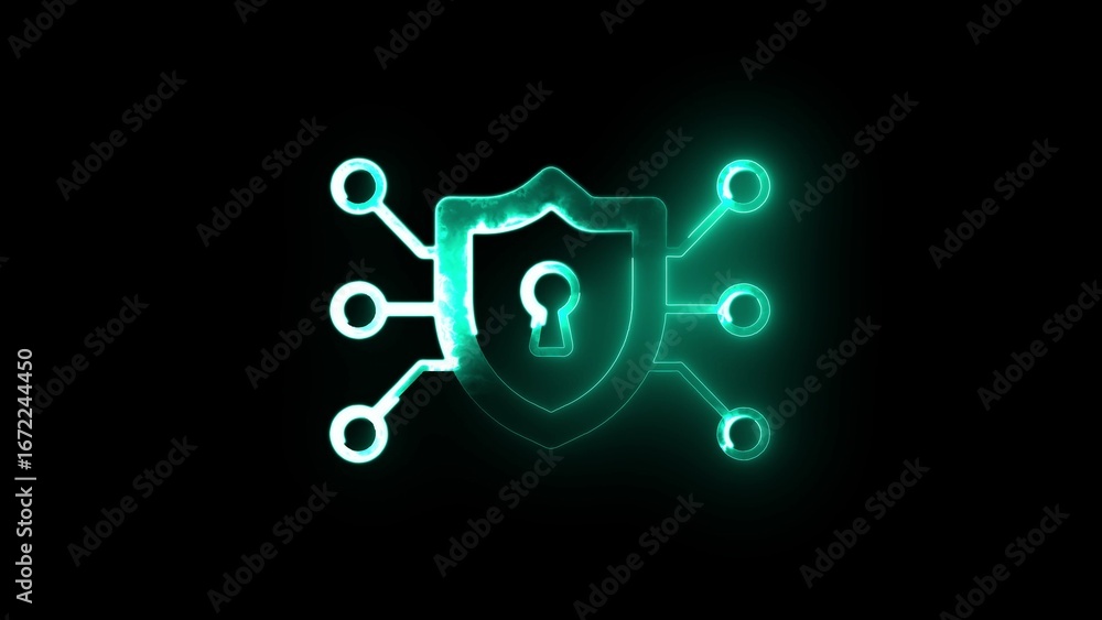 Poster glowing cyan digital shield icon with keyhole and network connections on black background cybersecur