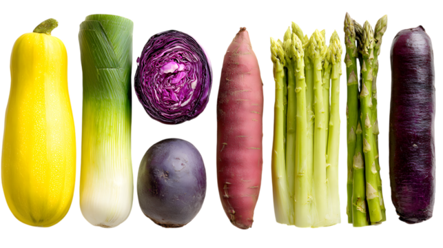 Vibrant assortment of fresh vegetables offering healthy choices for nutritious meals and creative vegan recipes isolated on white background