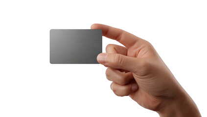 A hand holds a blank metallic business card
