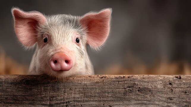 Cute young piglet peeking over a wooden fence in a barn setting during daylight