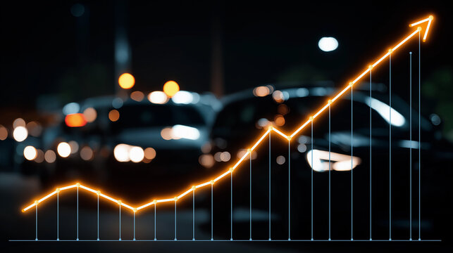 Car Traffic Increase: A blurry night scene captures vehicles against a backdrop of dark cityscape. superimposed atop, a vibrant upward-trending arrow visually represents growth, progress.