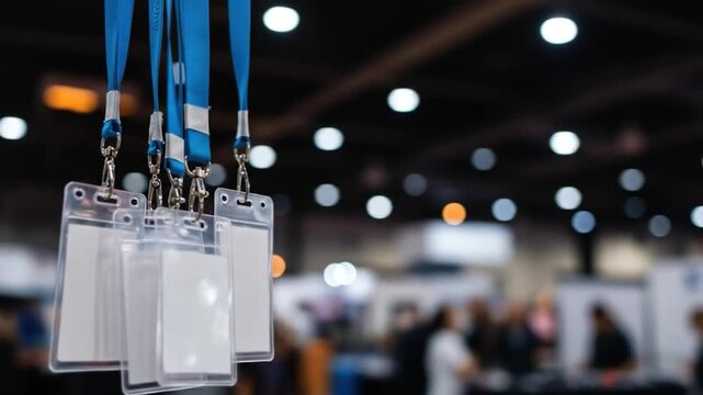 Identification badges with blue lanyards at blurred event setting for security or access control