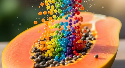 Papaya full of rainbow-colored seeds, a dynamic, fantastic, surreal artistic fruit photo