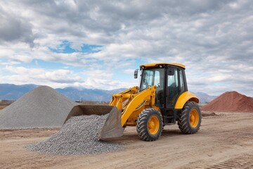 Yellow Excavator Lifting Gravel Industrial Landscape Heavy Machinery Construction Site View