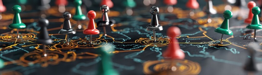 Cybersecurity planning map with pins and secure zones