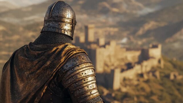 A cinematic video of a medieval knight overlooking his castle, perfect for historical films and fantasy stories.