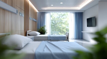 Fototapeta premium Serene Hospital Room with Soft Lighting and Nature View for Recovery and Comfortable Rest