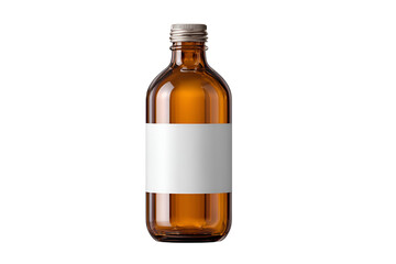 Amber glass bottle with blank label isolated on transparent background