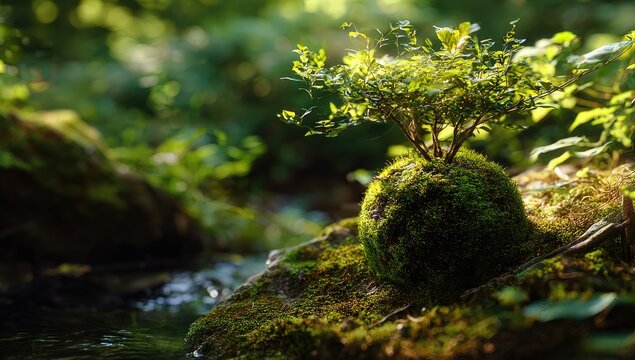 Moss sphere bonsai on rock by stream