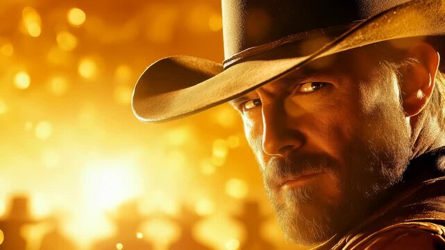 A cinematic close-up of a rugged cowboy in a golden sunset, a perfect video for western films and video game characters.