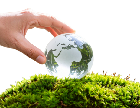 Hand Holding Glass Globe with Moss Base, Eco-Friendly Earth Day Design