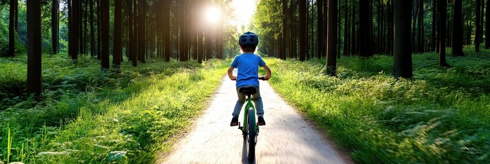 Child riding a bicycle on a trail through a sunlit forest.