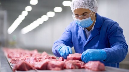 Precision and Hygiene A Meat Processing Worker Inspecting Cuts on a Conveyor Belt