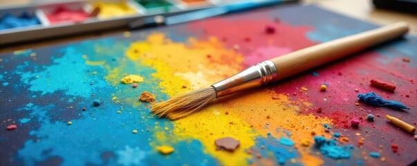 A paintbrush rests on a vibrant canvas, surrounded by scattered art supplies, symbolizing the creative process and artistic expression ,  visual,  representation