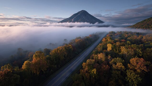 Road through forest, fog rising, mountain backdrop. Ideal scenic travel ad