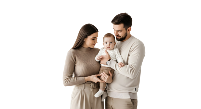 A happy family, a mother and father holding their adorable baby with pure love and care, celebrating new life