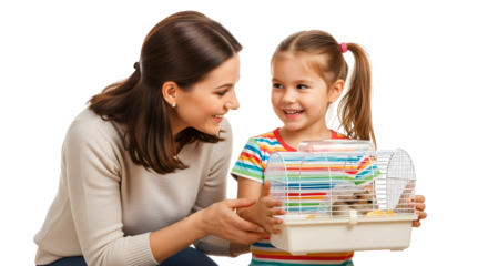 Happy mother and daughter holding a pet hamster in a cage, teaching responsibility and love for animals