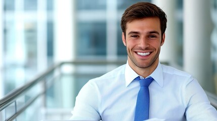 Fototapeta premium Smiling businessman in a modern office environment, showcasing confidence and professionalism.