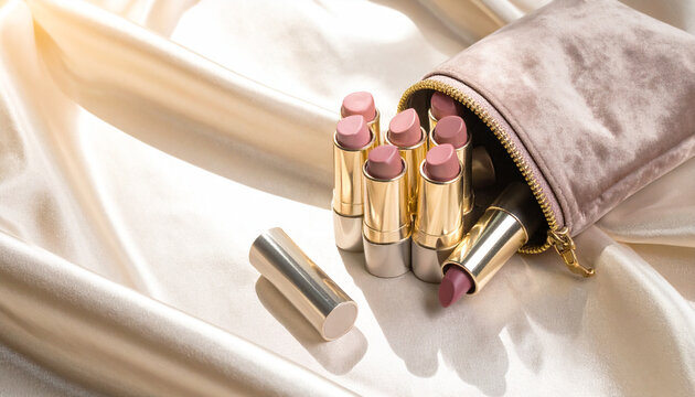Assorted Lipstick Tubes Mockup in Velvet Pouch