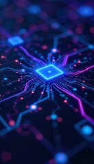 Fototapeta premium Abstract glowing blue and purple circuitry, intricate nodes , vibrant, space