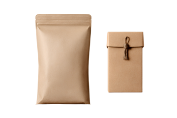 Two kraft paper packaging pouches isolated on transparent background